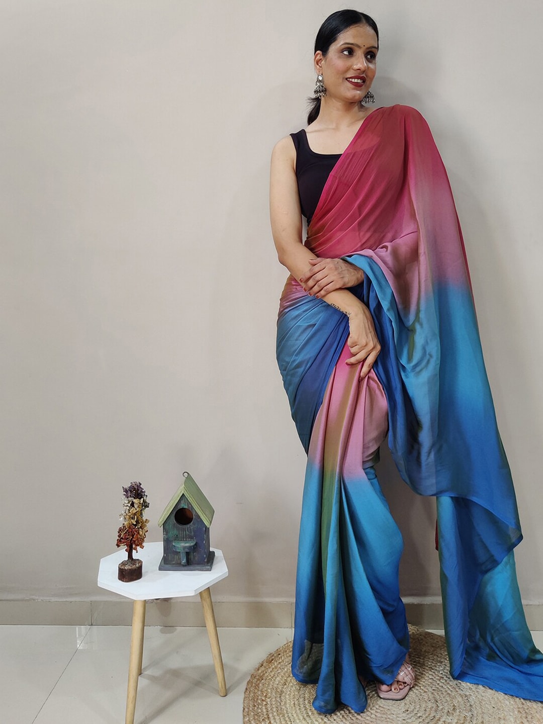Mitera Pink & Blue Ombre Ready To Wear Saree | Swadesiicart