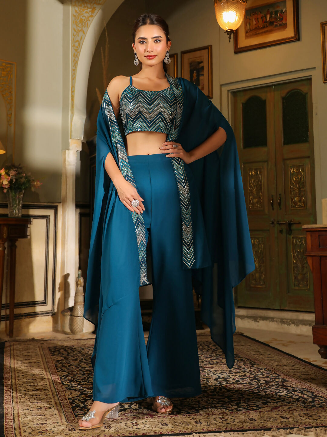 Janasya Teal Blue Georgette Embroidered Top Bottom Cape | Swadesiicart