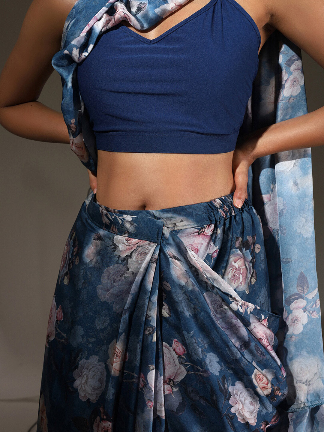 Tikhi Imli Blue Floral Printed Satin Ruffles Saree | Swadesiicart