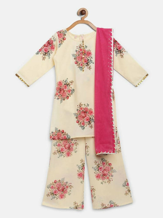 Ahalyaa Beige Crepe Floral Printed Kids Kurta Palazzo Set With Dupatta For Girls | Swadesiicart