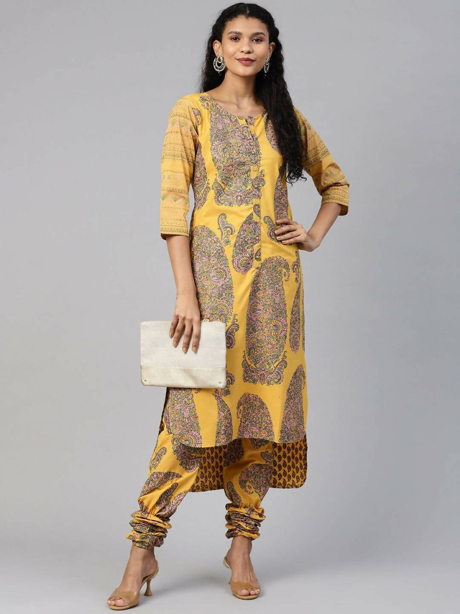 Ahalyaa Women Mustard Crepe Printed Kurta Churidar Set | Swadesiicart