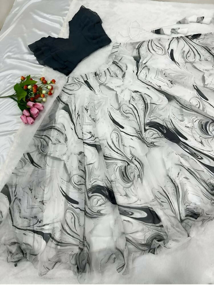 Dishitha Creation Printed Stitched Lehenga & Crop Top - Black & White | Swadesiicart