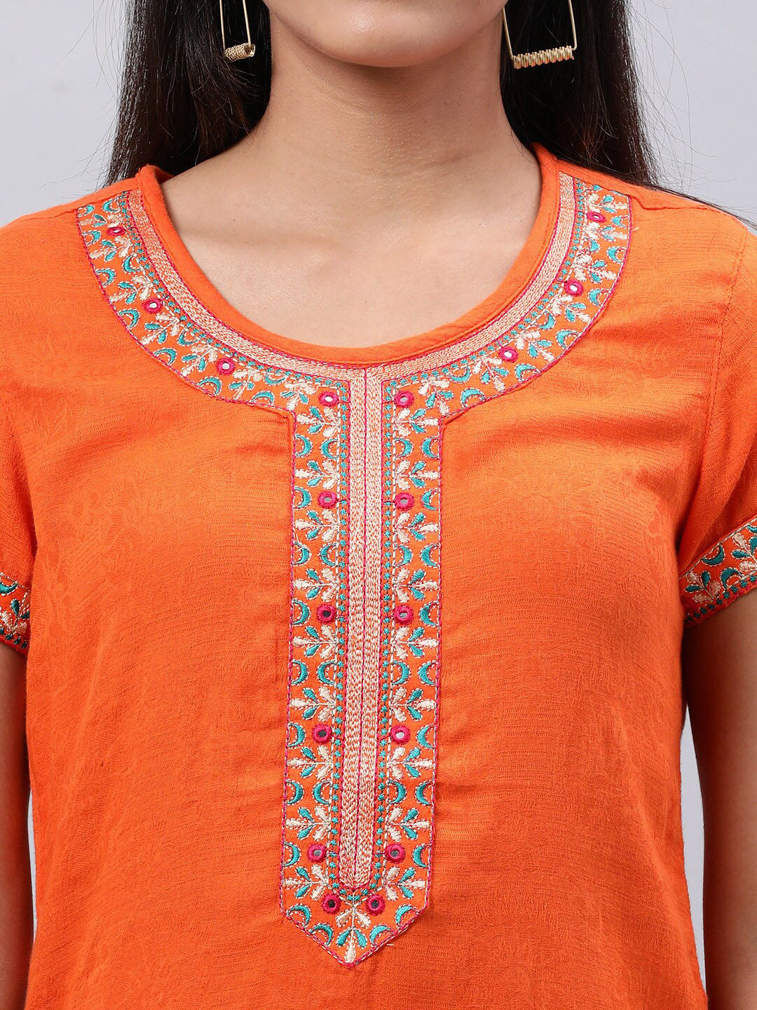 Souchii Orange Floral Embroidered Mirror Work Mirror Work Kurti - Swadesiicart