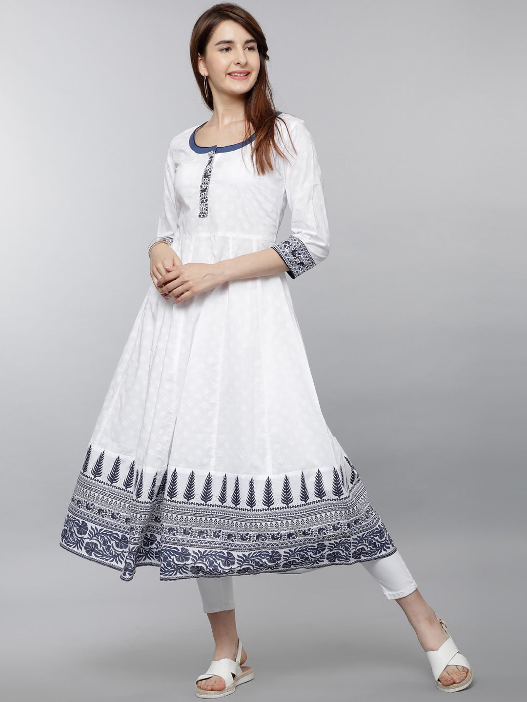 Vishudh Women White & Navy Blue Printed Anarkali Kurta - Swadesiicart