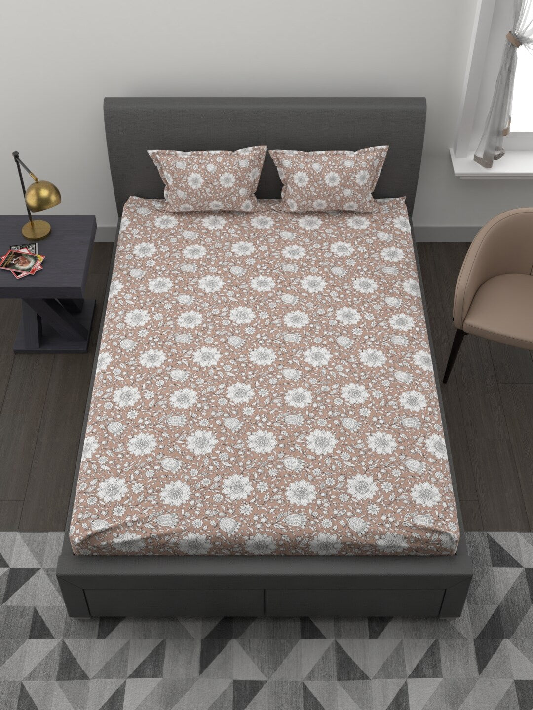 MYTRIDENT Brown White Ethnic Motifs 200 TC Cotton 1 King Bedsheet with 2 Pillow Covers - Swadesiicart