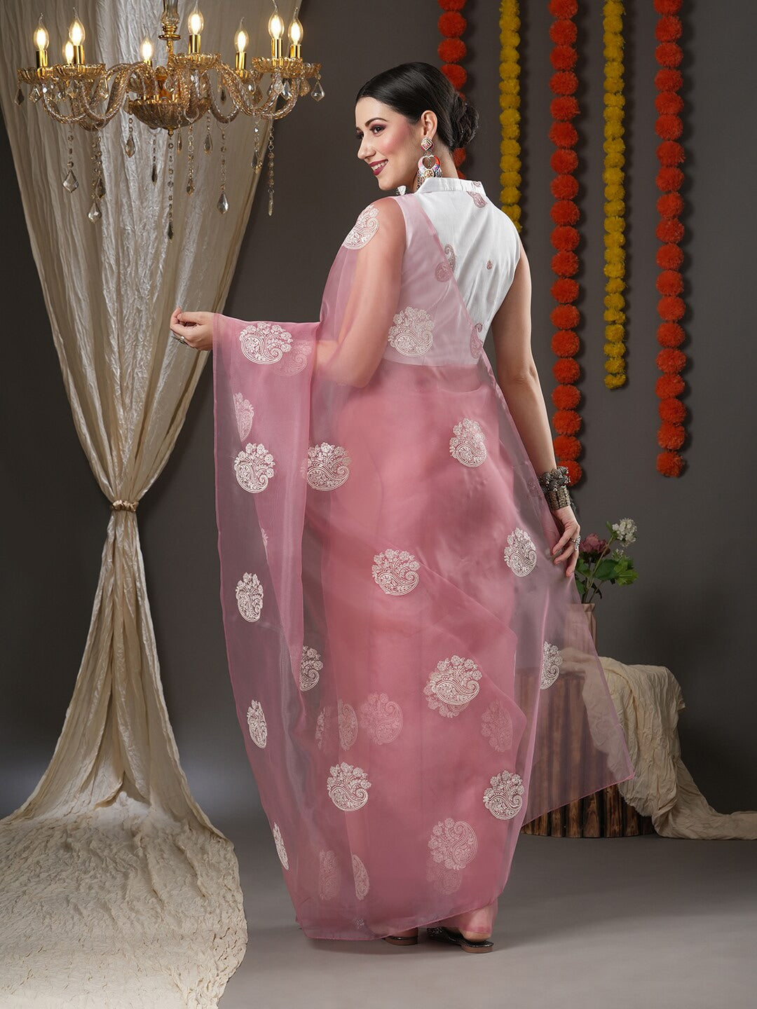 Saree Mall Mauve & White Floral Embroidered Organza Banarasi Sarees | Swadesiicart