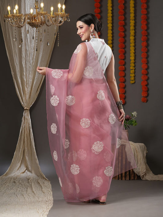 Saree Mall Mauve & White Floral Embroidered Organza Banarasi Sarees | Swadesiicart
