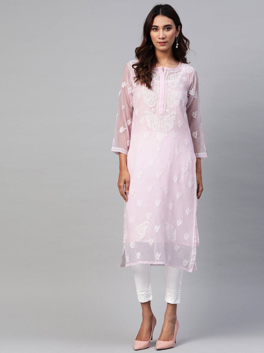 ADA Women Pink & White Chikankari Embroidered Handloom Kurta with Trousers | Swadesiicart