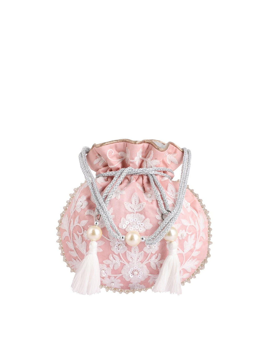 Masq Pink & White Embellished Embroidered Potli Clutch - Swadesiicart