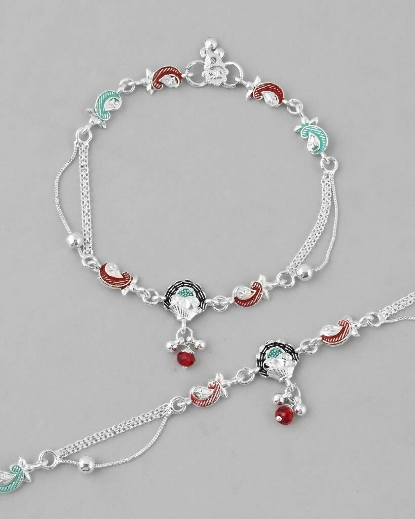 VOJ Set of 2 Traditional Stone Studded Mutli Color Designer Anklet - Swadesiicart