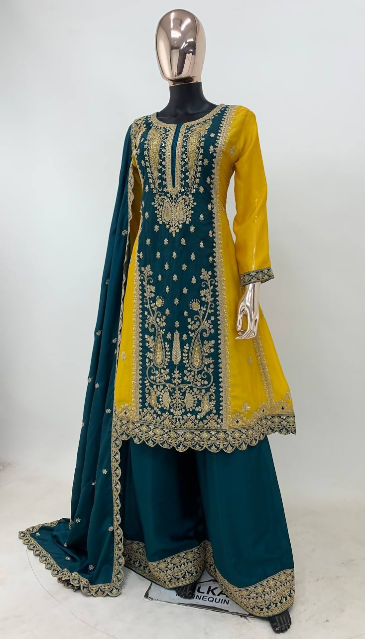Lorenvalley Fashion Yellow and Rama Chinon Embroidery With Sequince Work Salwar Kameez Stitched | Swadesiicart