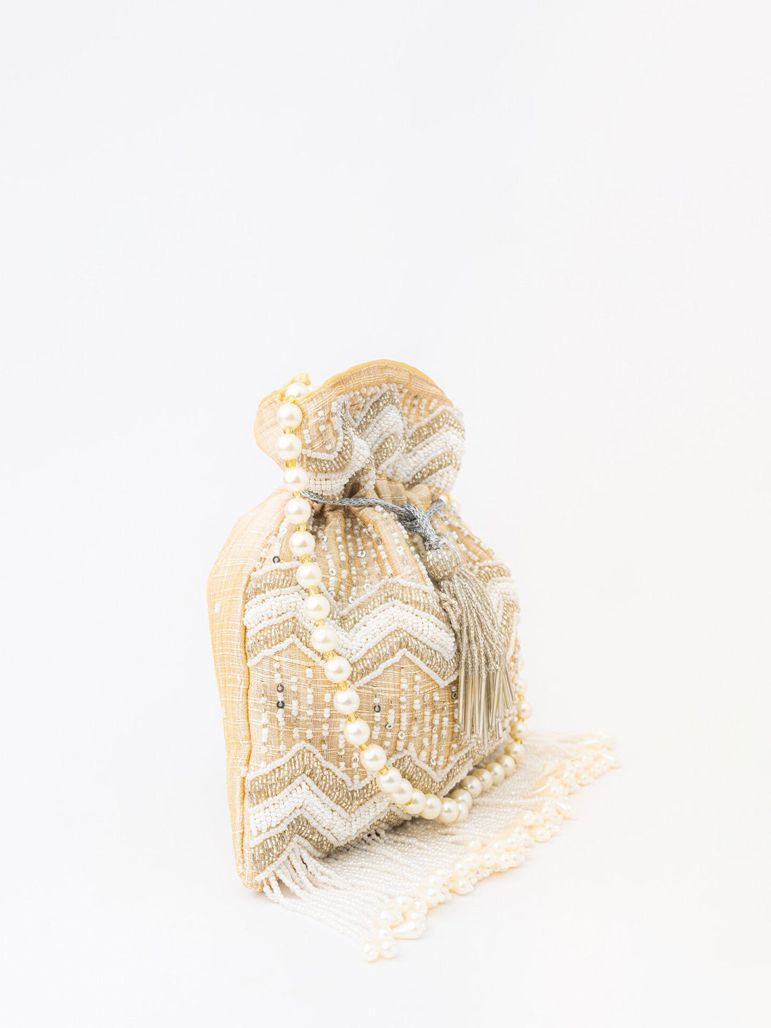 NR By Nidhi Rathi Cream-Coloured & Gold-Toned Embellished Potli Clutch - Swadesiicart