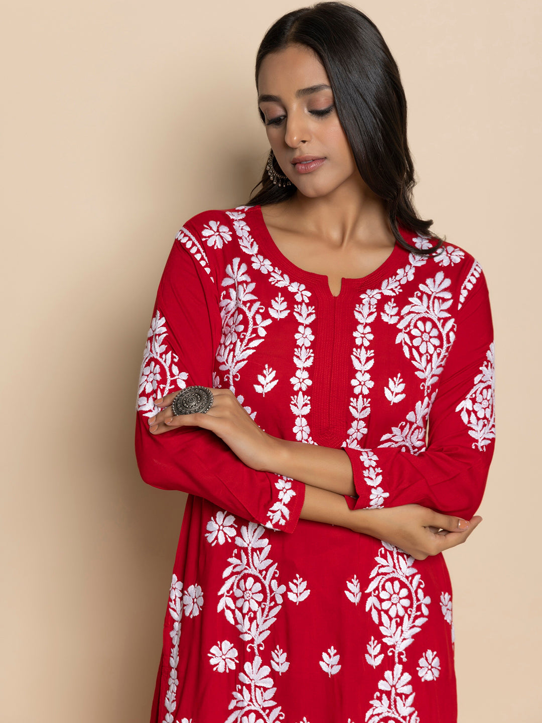 HOUSE OF KARI Floral Embroidered Chikankari Cotton A-Line Kurta | Swadesiicart