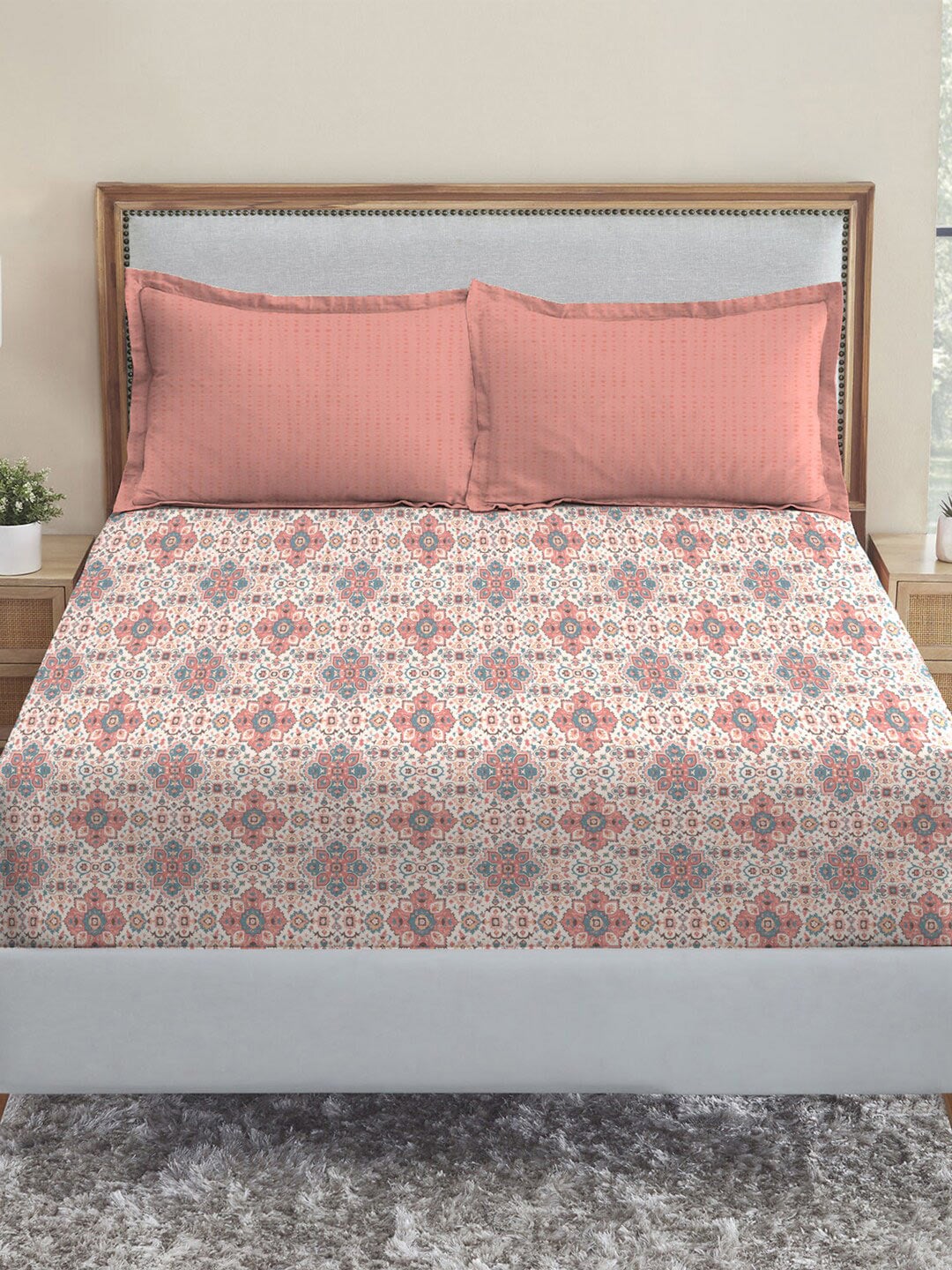 MYTRIDENT Dusk and Dawn White Printed Pure Cotton 144 TC Queen Bedsheet With 2 Pillow Covers - Swadesiicart