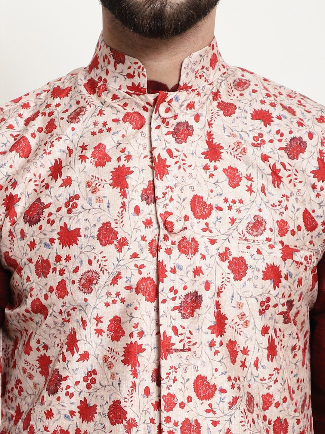 Sojanya Men Maroon & Beige Solid Kurta with Churidar & Printed Nehru Jacket | Swadesiicart
