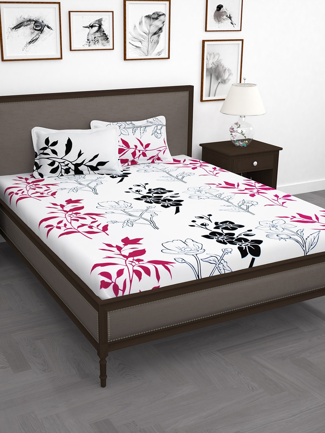 Story@home White & Pink Floral King Bedsheet with 2 Pillow Covers - Swadesiicart