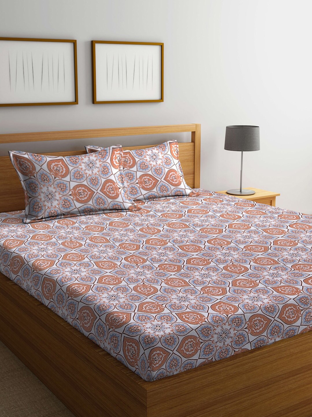 BOMBAY DYEING Brown & White Ethnic Motifs Cotton 104 TC King Bedsheet with 2 Pillow Covers - Swadesiicart