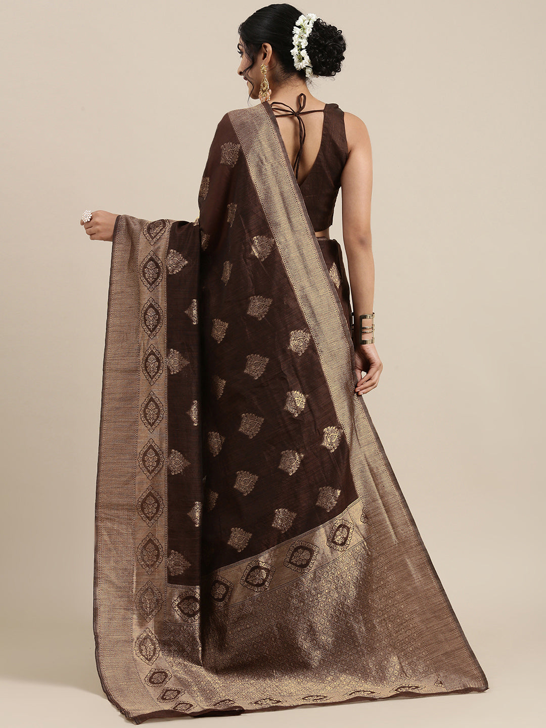 Saree Mall Brown Ethnic Motifs Linen Blend Banarasi Saree | Swadesiicart