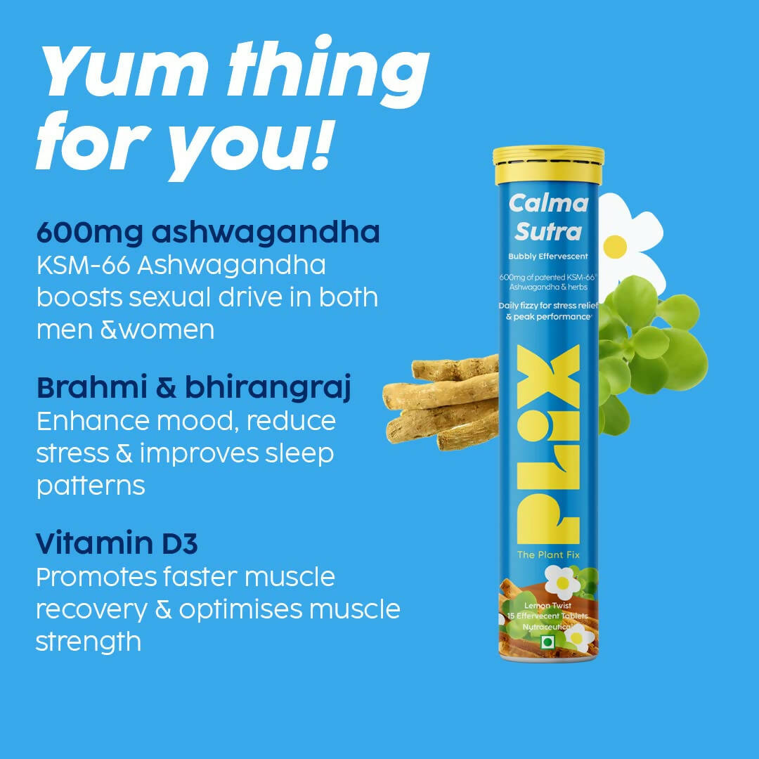 PLIX The Plant Fix Calma Sutra Ashwagandha Effervescent Tablets - Lemon Twist | Swadesiicart