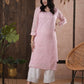 ADA Women Pink Chikankari Hand Embroidered Straight Kota Handloom Kurta With Matching Slip | Swadesiicart