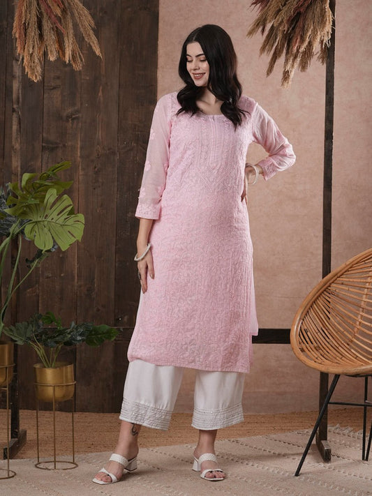 ADA Women Pink Chikankari Hand Embroidered Straight Kota Handloom Kurta With Matching Slip | Swadesiicart