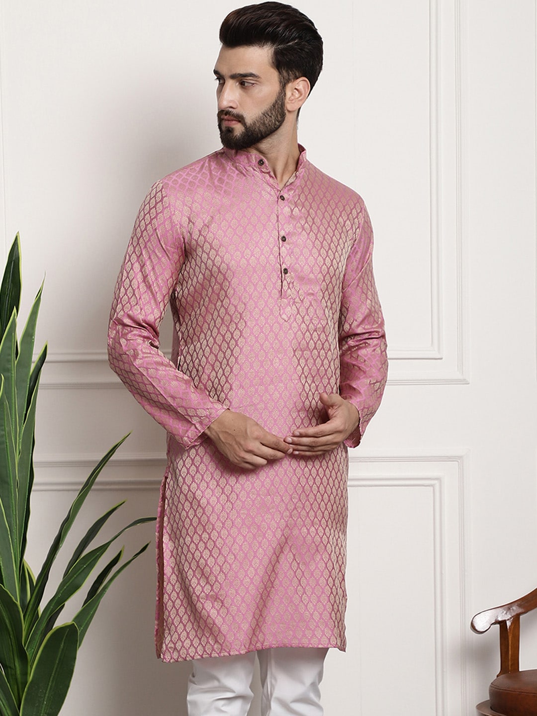 Sojanya Men Pink & Beige Ethnic Motifs Jacquard Woven Design Straight Kurta | Swadesiicart