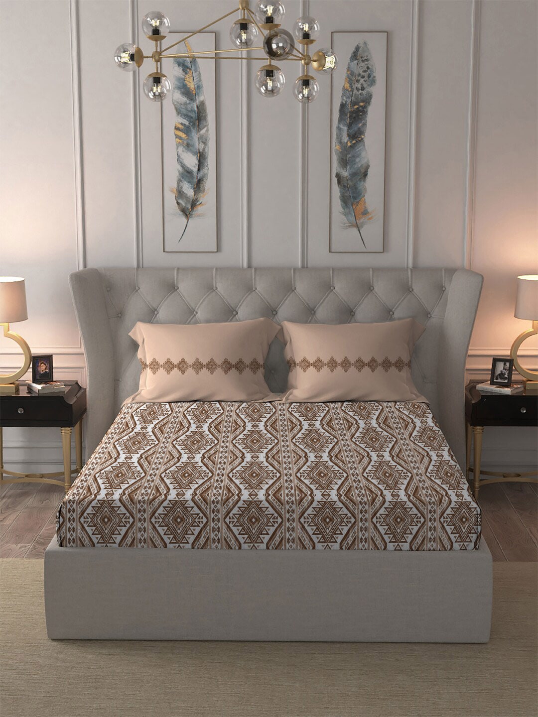 MYTRIDENT Brown Ethnic Motifs Cotton 120 TC Queen Bedsheet With 2 Pillow Covers - Swadesiicart