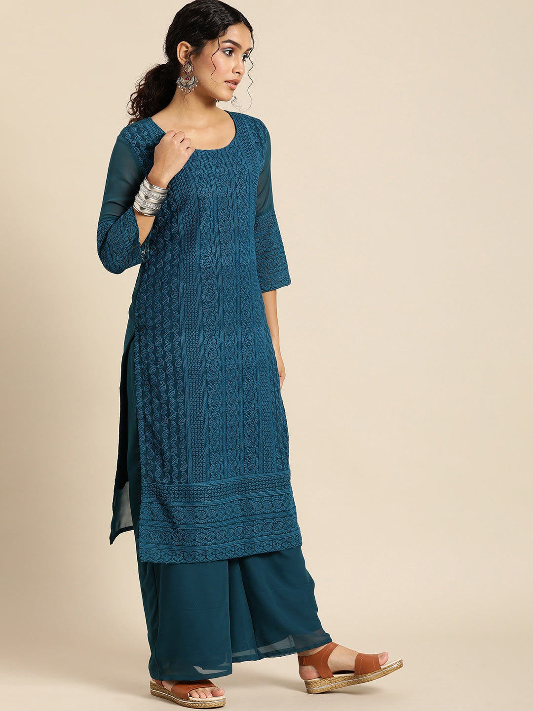 Sangria Women Teal Blue Ethnic Motifs Chikankari Kurta with Palazzos | Swadesiicart