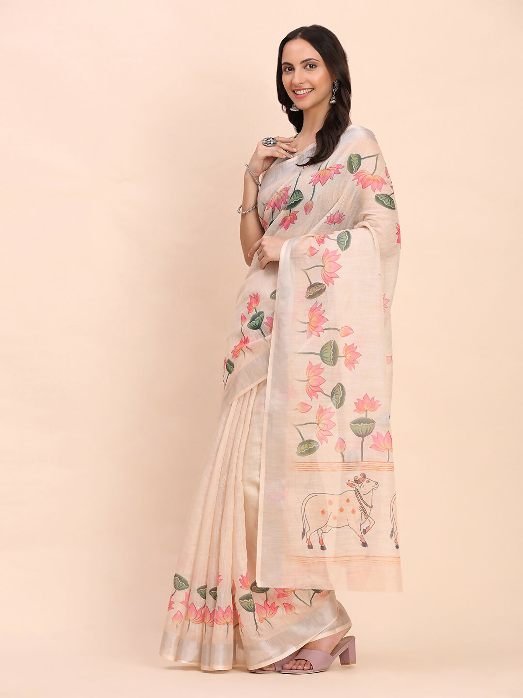 Shree Shyam Fashion Linen Cotton Peach Saree