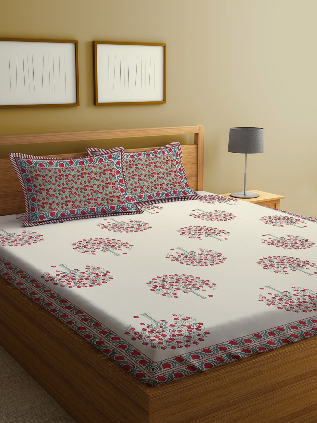 Rajasthan Decor Cream-Coloured Ethnic Motifs 144 TC Cotton King Bedsheet & 2 Pillow Covers - Swadesiicart