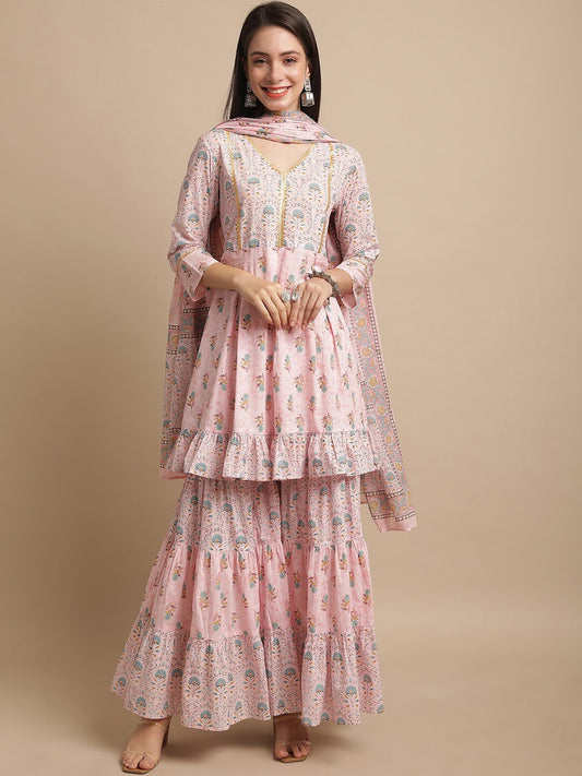 Kalini Floral Printed Empire Gotta Patti Pure Cotton Kurta With Sharara & Dupatta | Swadesiicart
