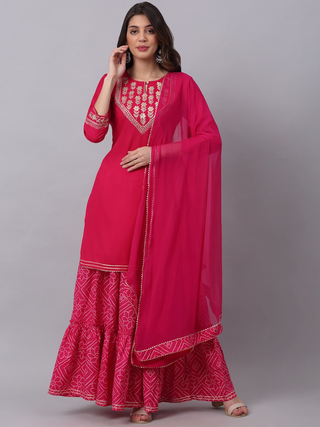 Kalini Women Pink Floral Embroidered Layered Gotta Patti Kurti with Sharara & With Dupatta | Swadesiicart