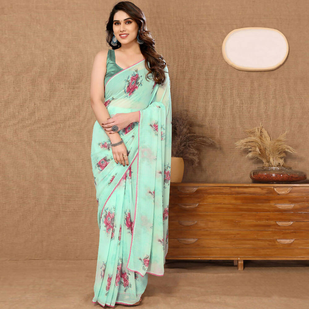 Women's Partywear Designer Firozi Georgette Fancy Saree - Satrangi | Swadesiicart
