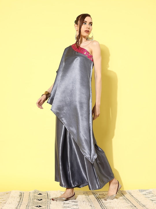 InWeave Women's Grey Pink Brocade Satin Oneshoulder Kurta Set - Swadesiicart