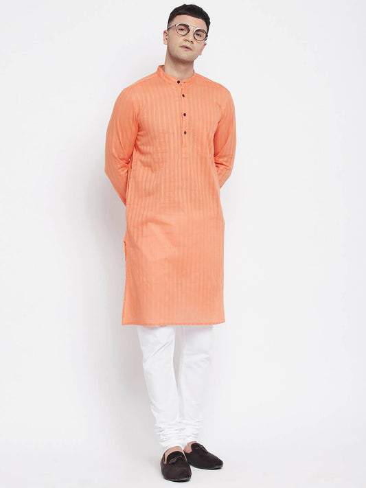 Even Apparels Orange Color Pure Cotton Men's Kurta With Band Collar | Swadesiicart