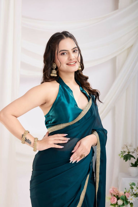 Teal Blue Rangoli Silk Solid, Lace Border Ready To Wear Saree - Kashvi | Swadesiicart