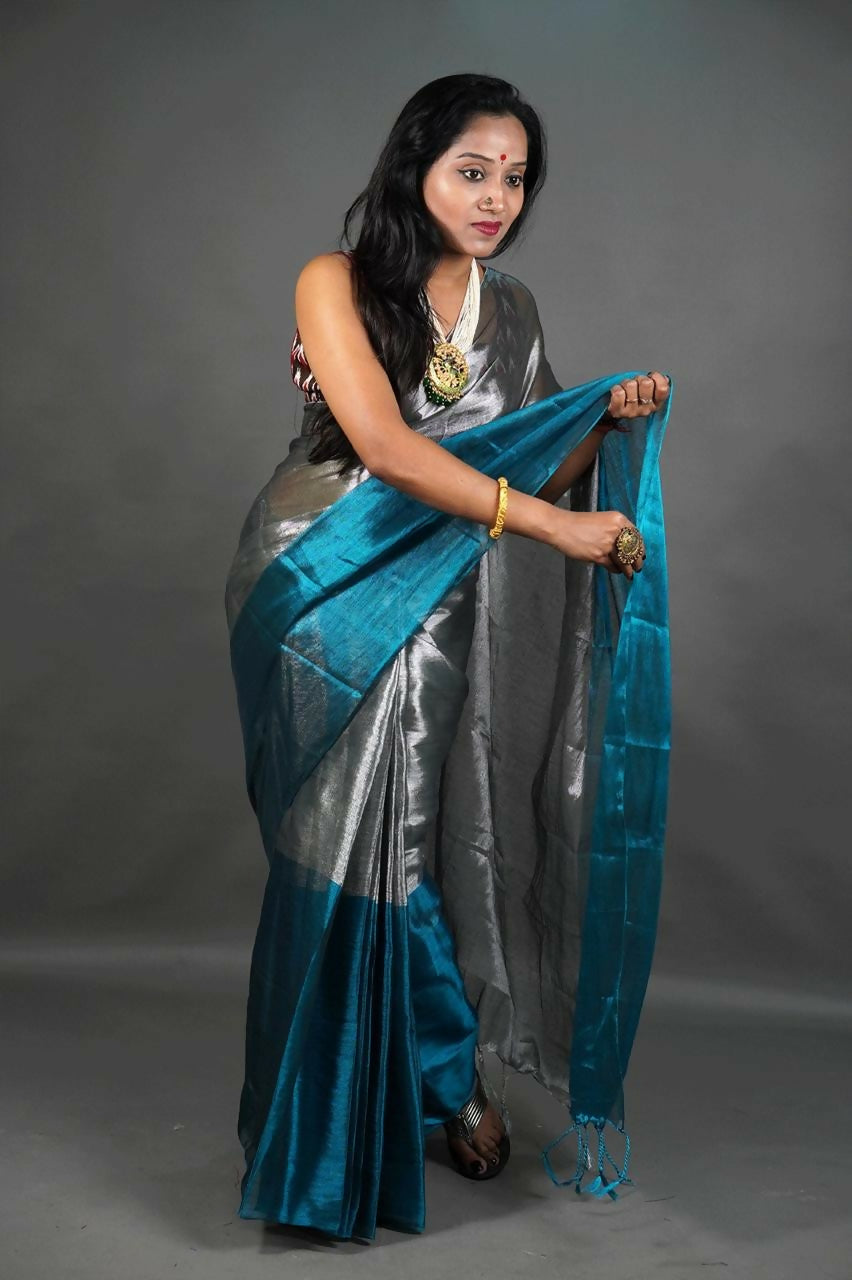 Exclusive Collection Beautiful Gray Green Tissue Silk Hand Weaving Handloom Saree With Running Blouse Piece - Swadesiicart