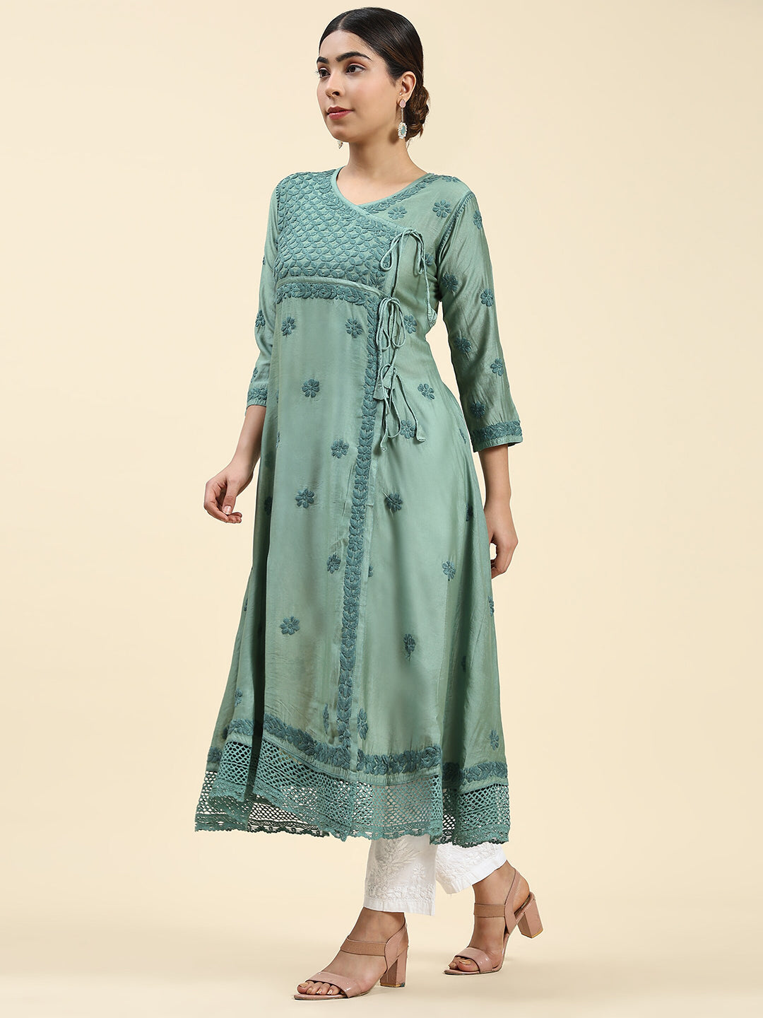 HOUSE OF KARI Embroidered Chikankari Chanderi Silk Anarkali Kurta | Swadesiicart