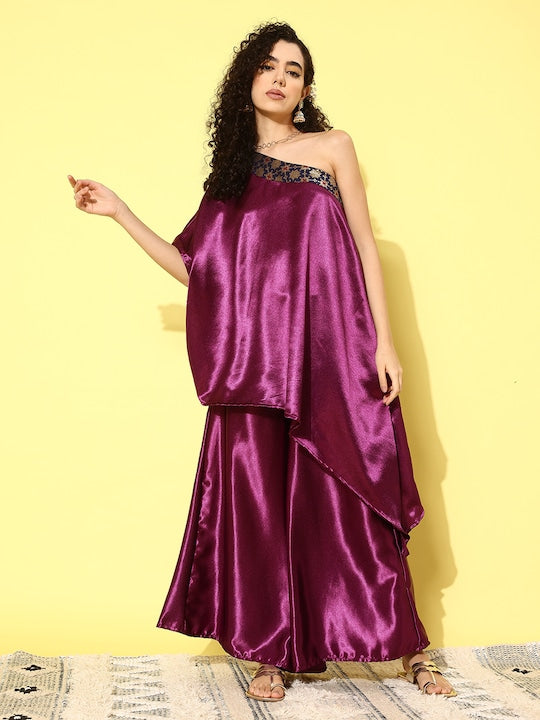 InWeave Women's Wine Navy Brocade Satin Oneshoulder Kurta Set - Swadesiicart