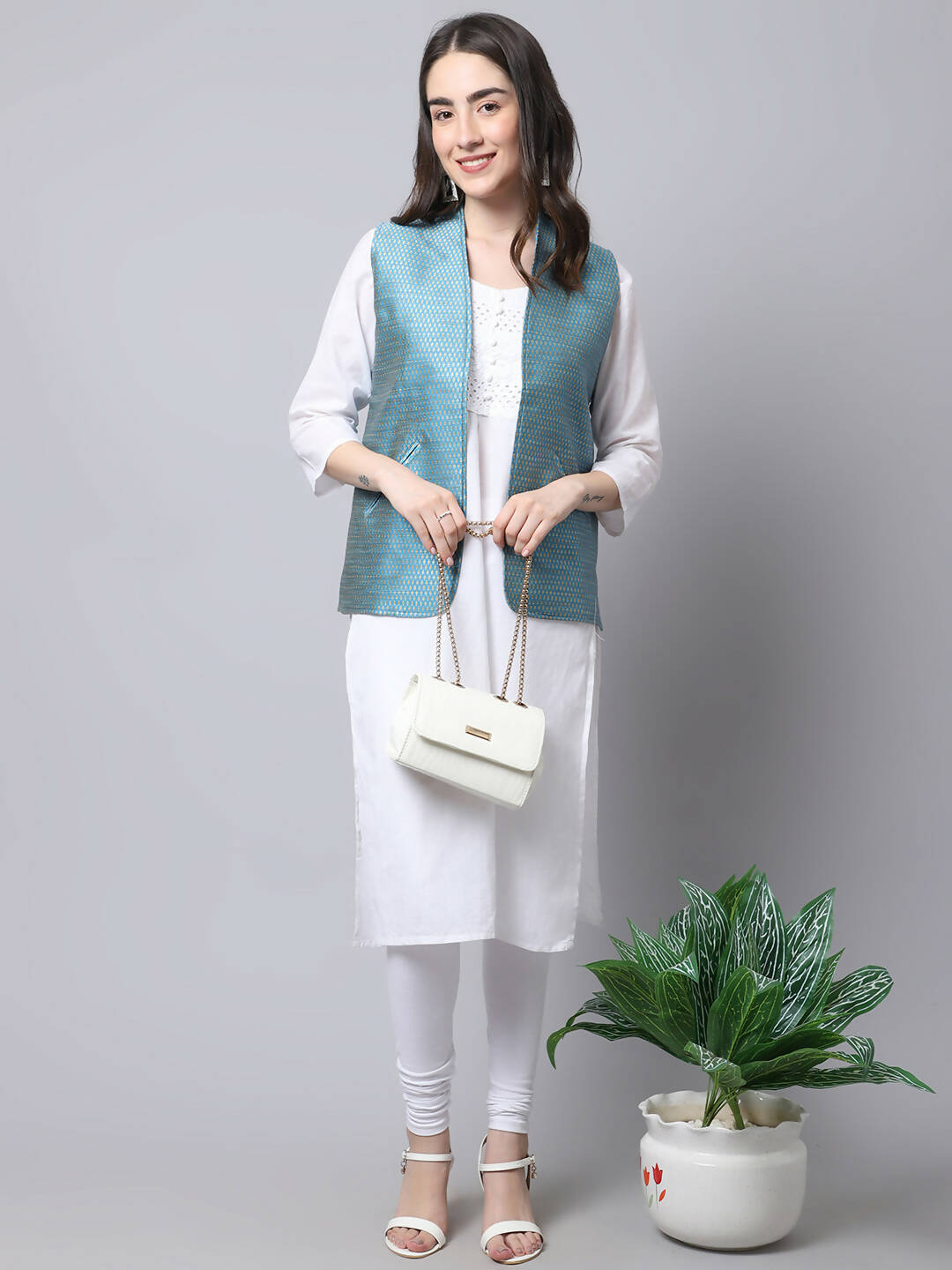Even Apparels Blue Bansari Silk Open Front Gillet | Swadesiicart