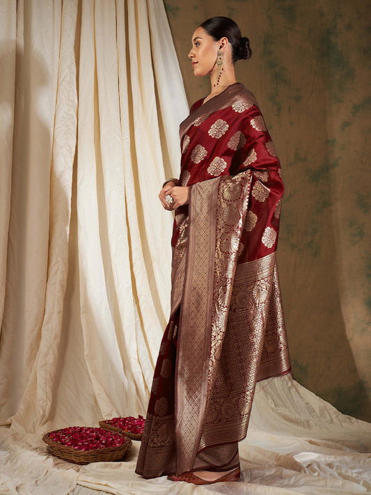 Sangria Maroon Ethnic Motifs Woven Design Zari Banarasi Saree | Swadesiicart