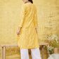 ADA Women Yellow & White Chikankari Embroidered Straight Sustainable Handloom Kurta | Swadesiicart