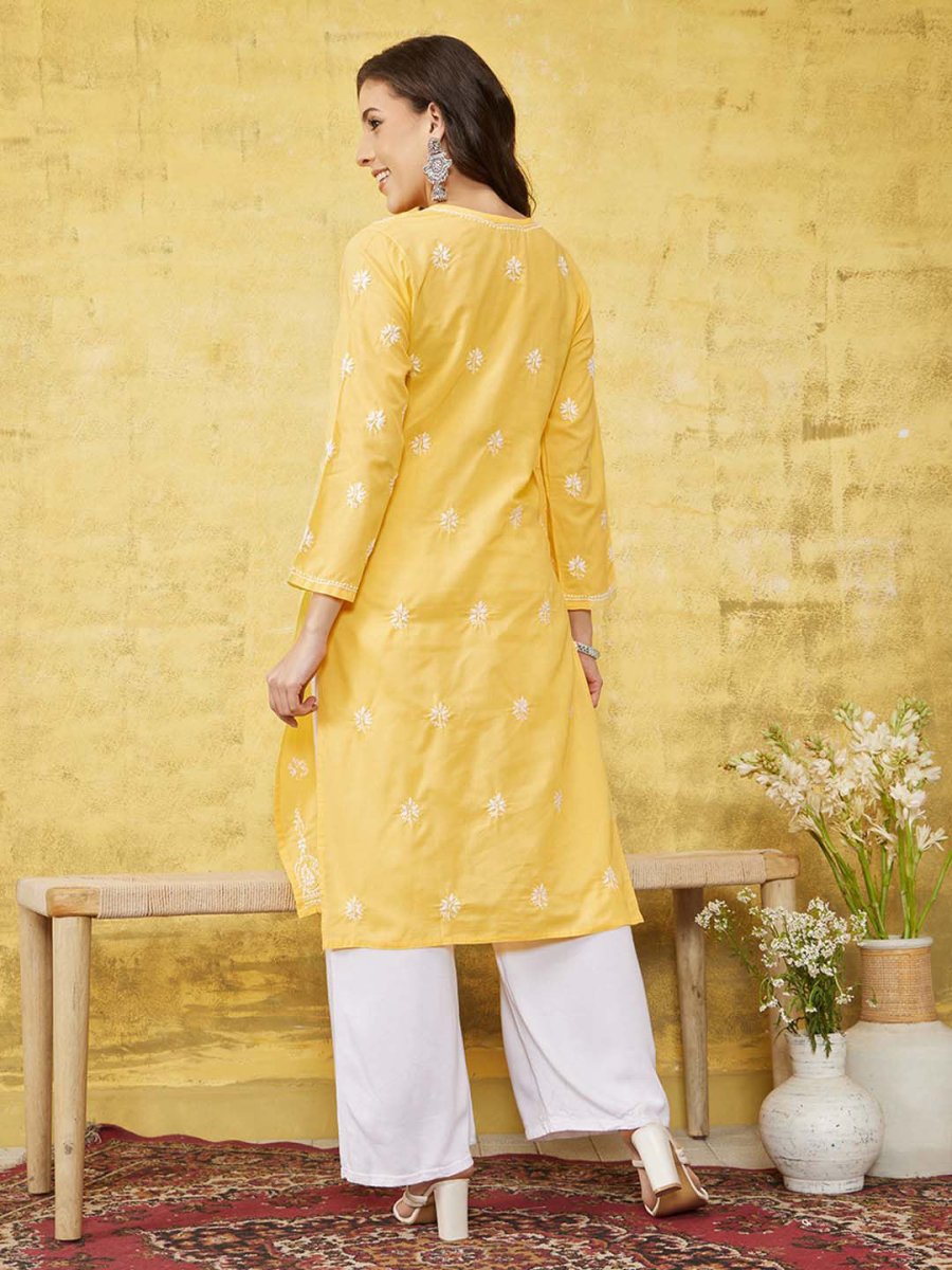 ADA Women Yellow & White Chikankari Embroidered Straight Sustainable Handloom Kurta | Swadesiicart