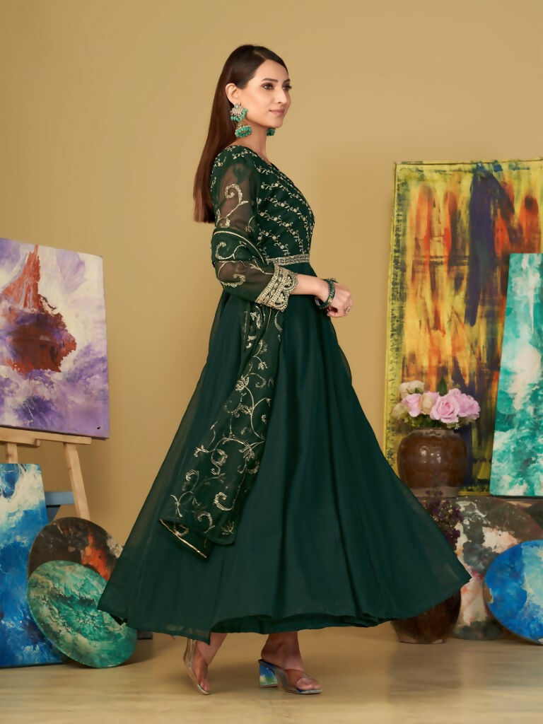 Jyoti Fashion Women's Bottle Green Georgette Embroidered Anarkali Kurta Pant Set With Dupatta | Swadesiicart