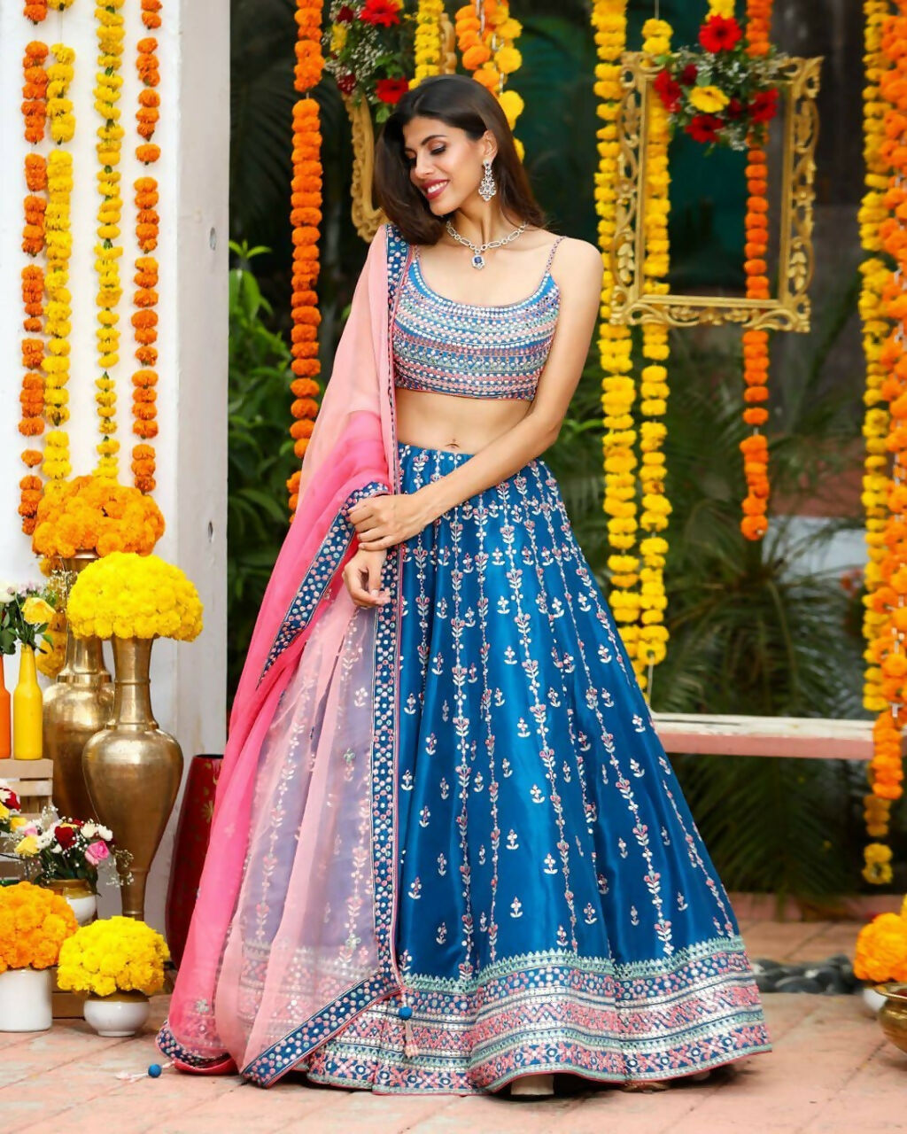 Jyoti Fashion Gorgeous Blue Sequins with Thread & Zari Embroidery Chinon Lehenga Choli with Dupatta | Swadesiicart