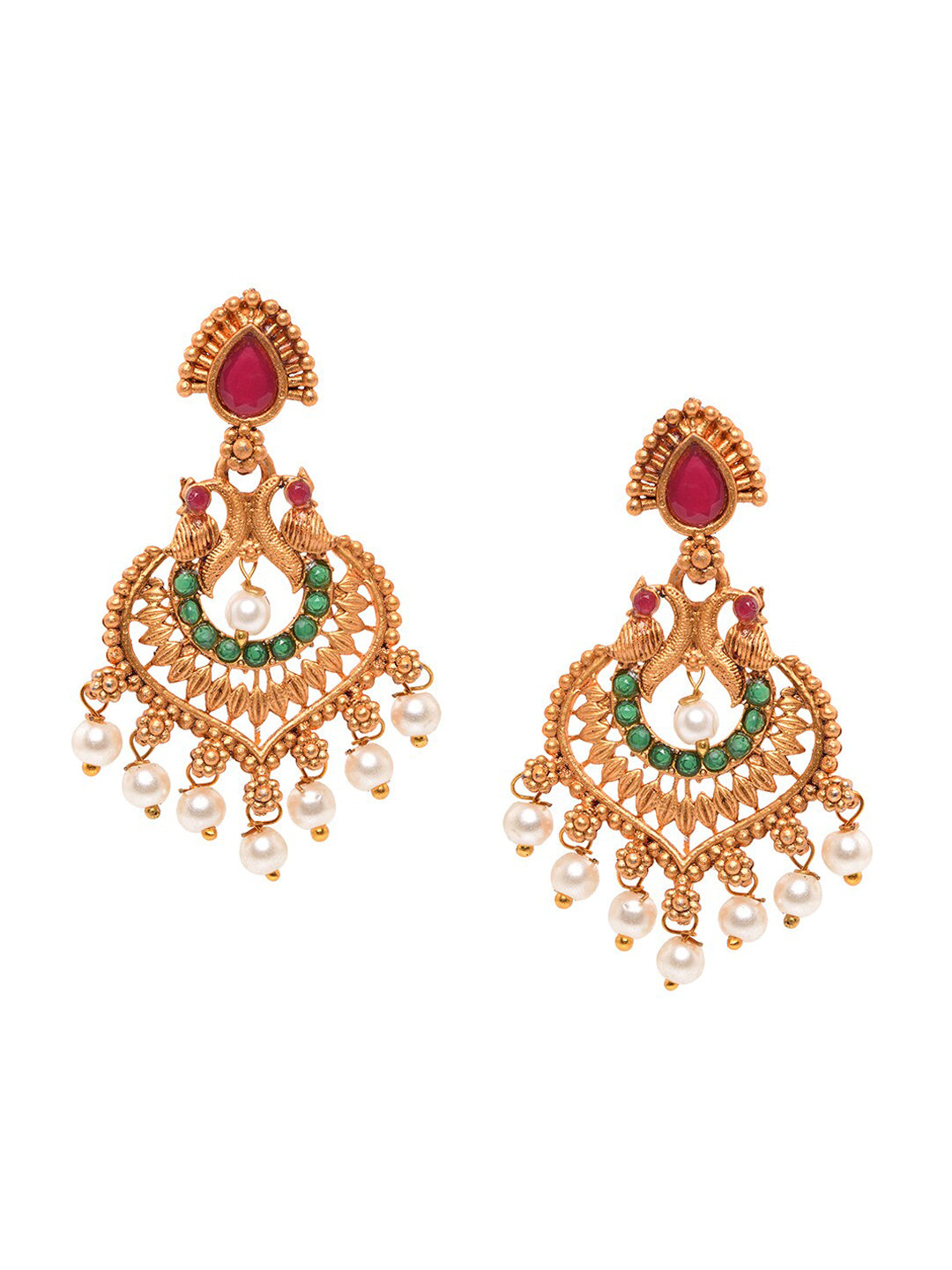 Saraf RS Jewellery Gold-Polished Red & Green Bridal Temple Jewellery Set - Swadesiicart