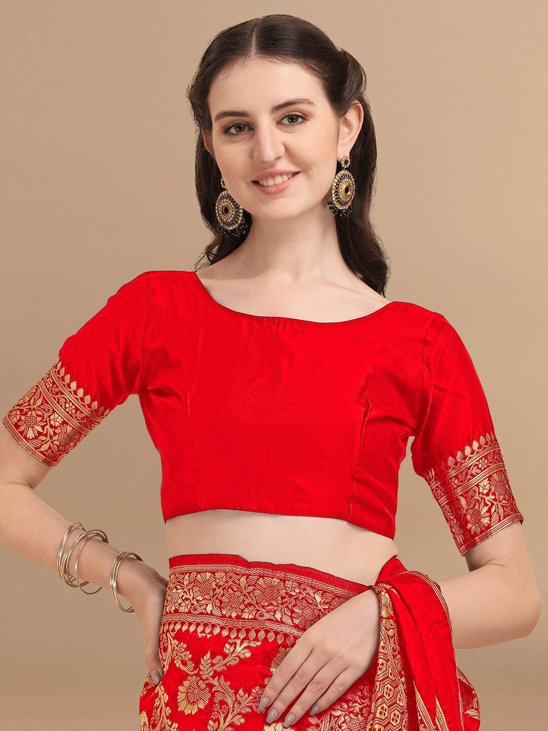 Kalini Red & Golden Floral Zari Silk Blend Banarasi Saree | Swadesiicart