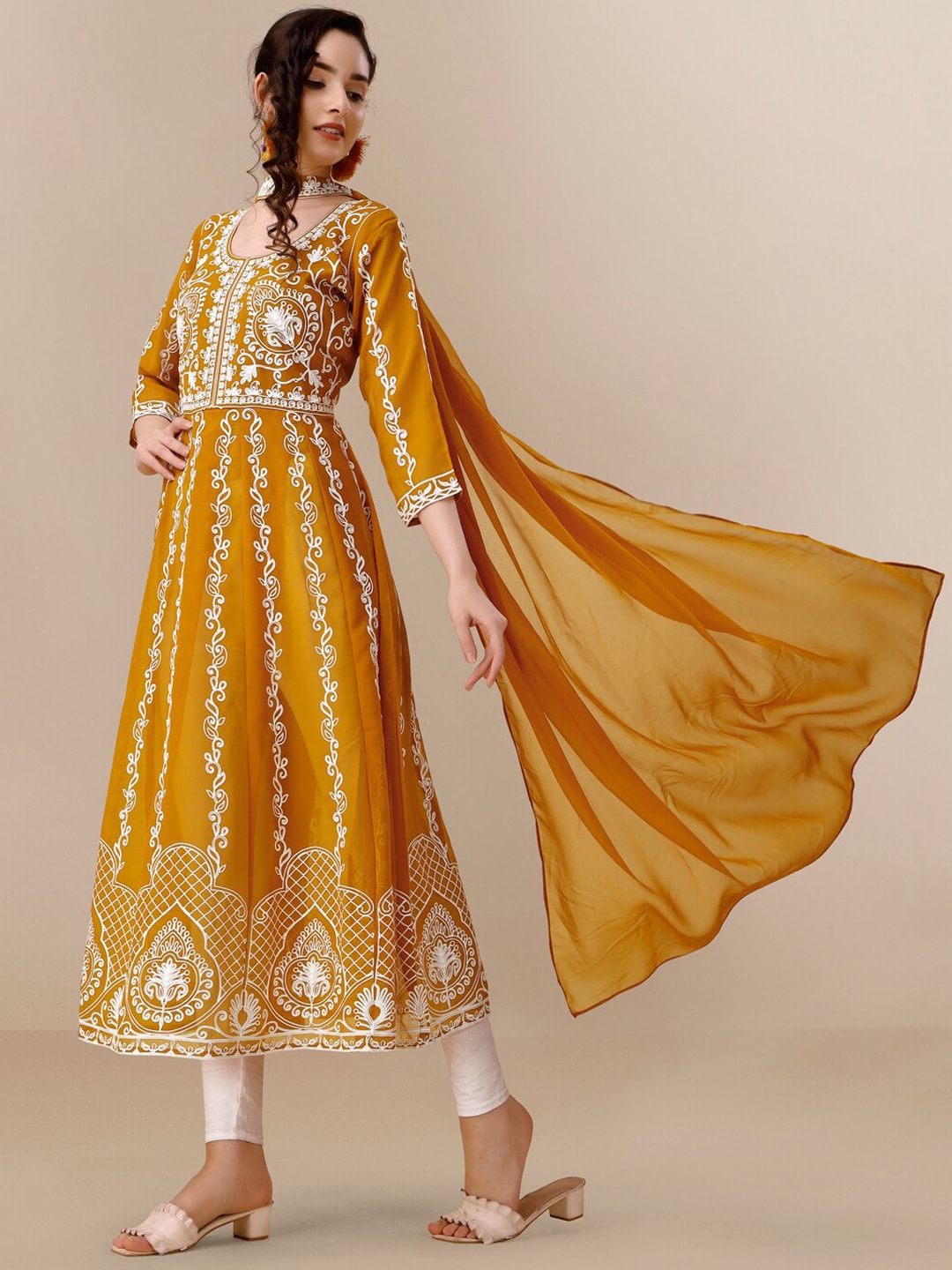 HERE&NOW Floral Lucknowi Chikankari Embroidered Georgette Anarkali Kurta with Dupatta | Swadesiicart