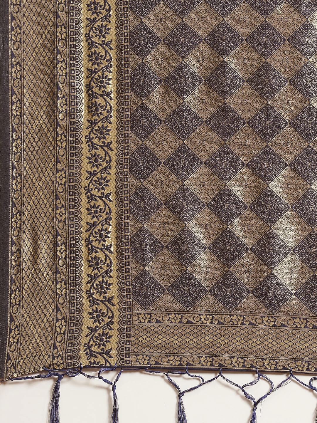 Saree Mall Navy Blue & Gold-Toned Ethnic Motifs Zari Silk Blend Banarasi Sarees | Swadesiicart