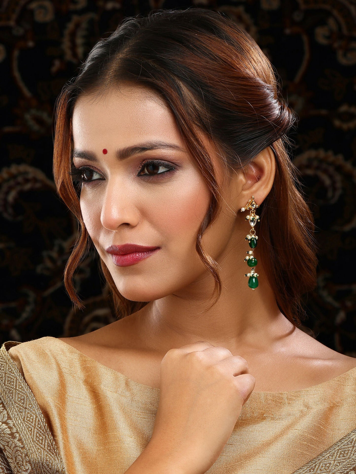 Ruby Raang 22k Gold Polished Long Kundan And Emerald Earrings | Swadesiicart